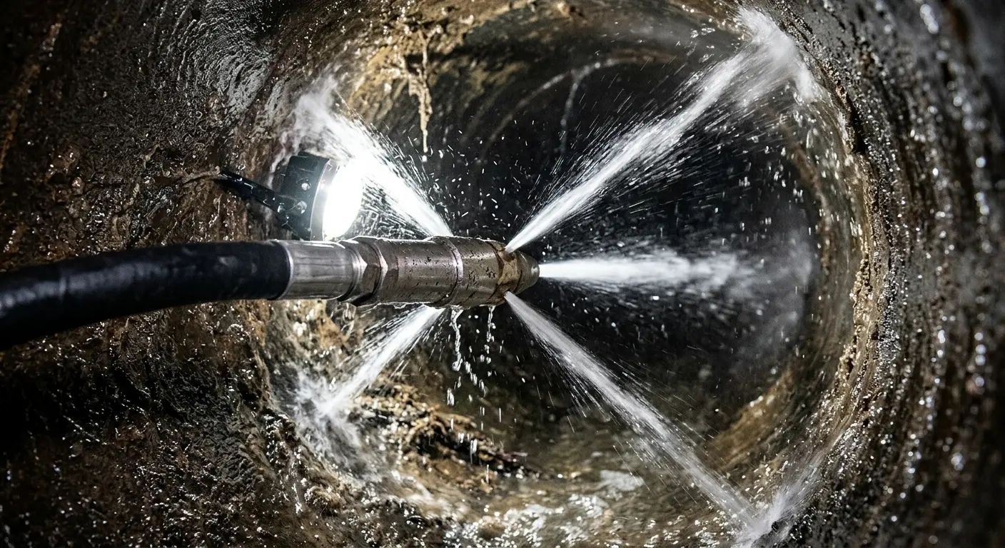 High-pressure hydro jetting nozzle cleaning sewer pipe for Emergency Drain Service in Sioux City