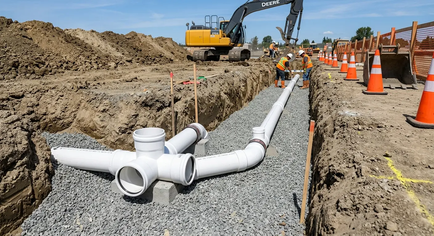New PVC sewer pipe installation in open trench for Grease Trap Cleaning in Sioux City