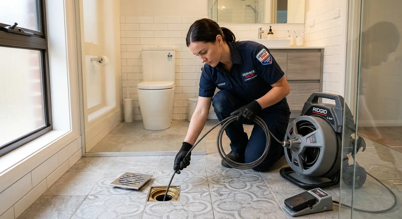Technician clearing a bathroom floor drain for Hydro Jetting in Sioux City